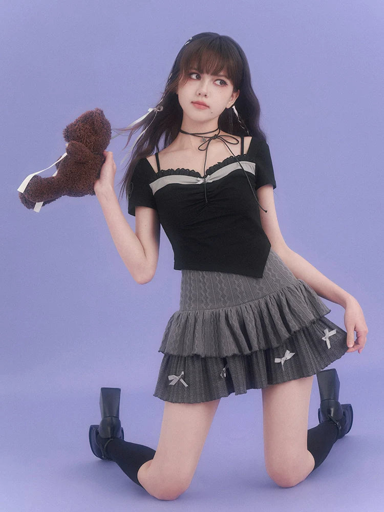 ニットハイウエストスカート グレーリボン