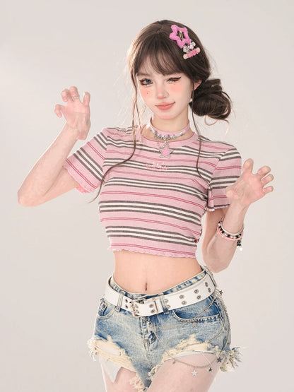 Short Pink T-Shirt Romantic Slim Stripe