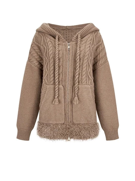 Kapuzenpullover mit Zopfmuster und Reißverschluss