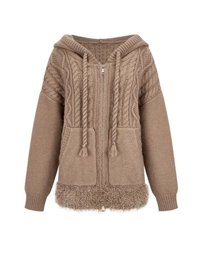 Kapuzenpullover mit Zopfmuster und Reißverschluss