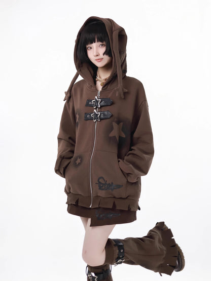 スターアメリカンプリント ルーズジップパーカー + イレギュラースカート + レッグウォーマー