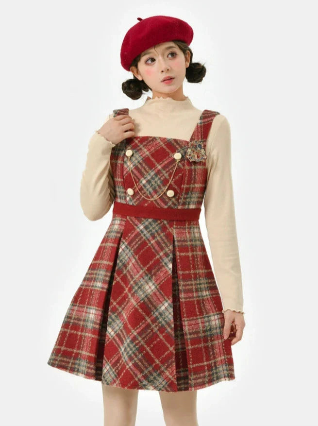 Robe à bretelles style rétro universitaire britannique à carreaux