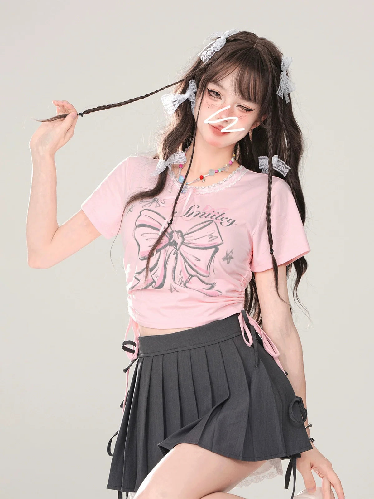 T-Shirt Slim Ribbon Short Lace Drawstring Pink
