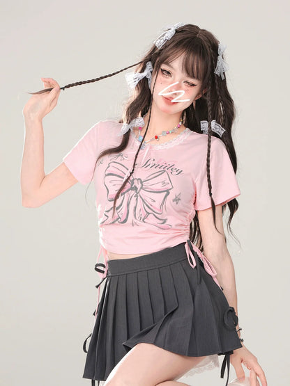 T-Shirt Slim Ribbon Short Lace Drawstring Pink