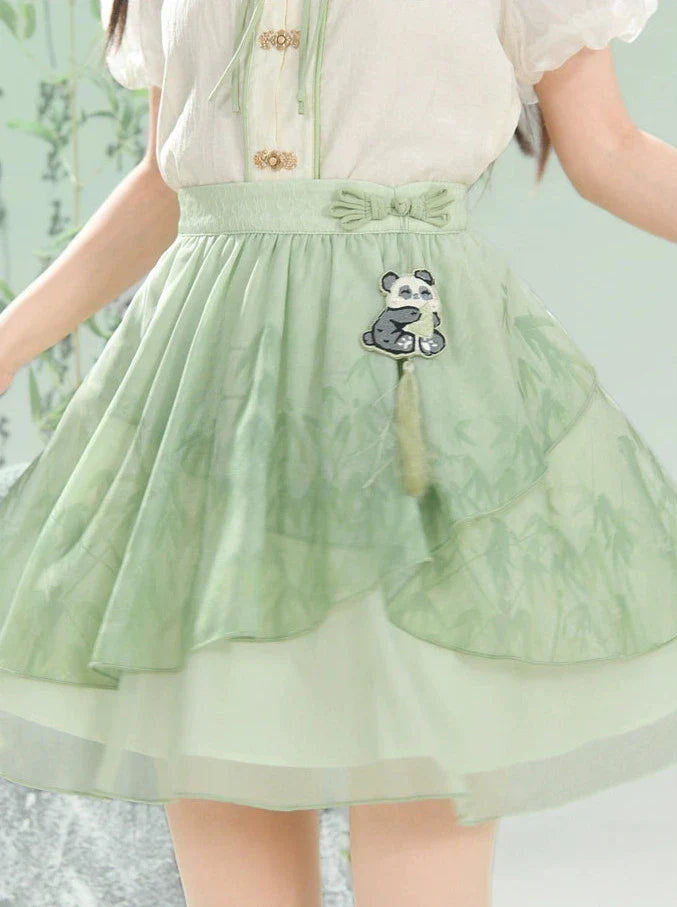 チャイナシャツスカートスリーブドレスパンダカンフーパフフーミント+シフォンセット