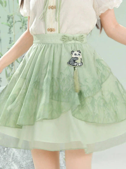 チャイナシャツスカートスリーブドレスパンダカンフーパフフーミント+シフォンセット