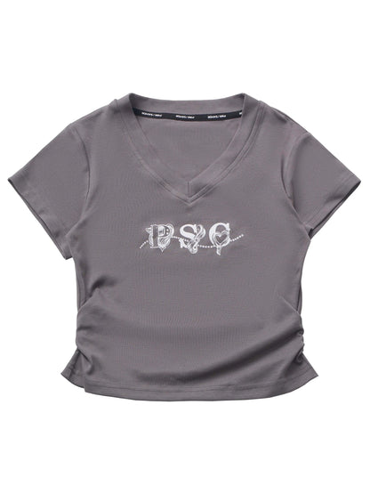 White Waist T-Shirt V-Neck Gray Slim