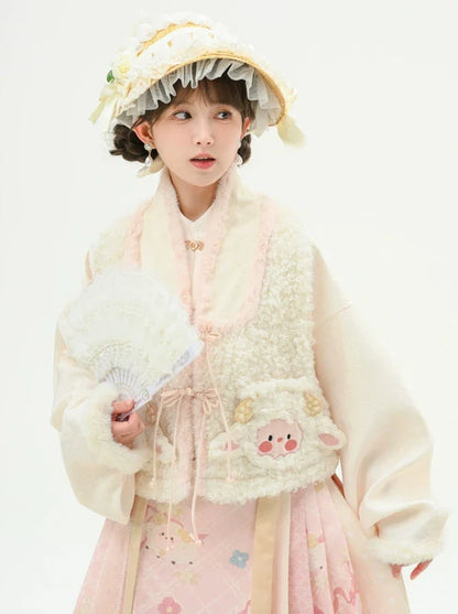 Rock Schaf Weste Plissee Retro China + Pelz