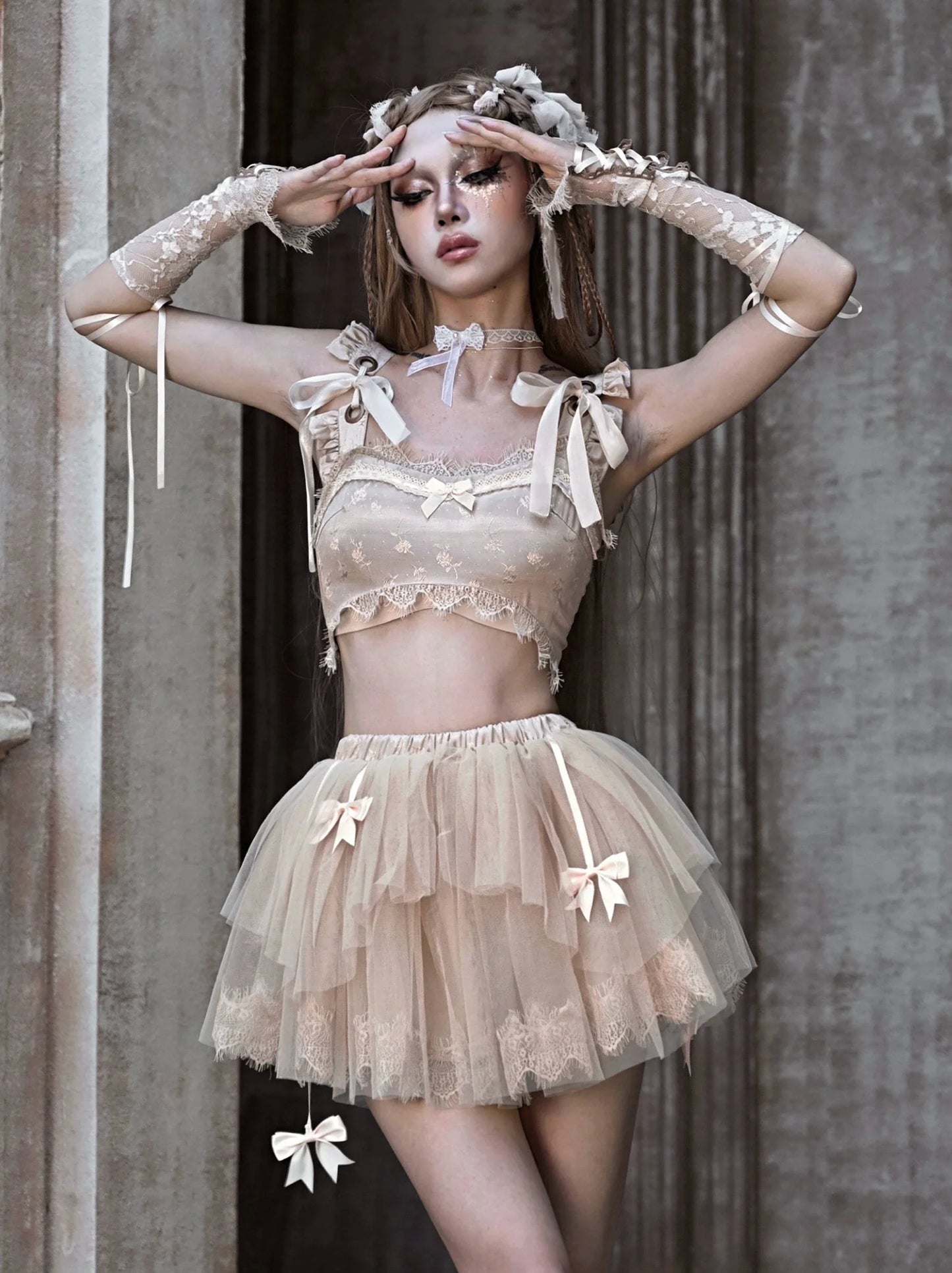 Short Lace French Ribbon Broken Top Vest Ballet Ultra