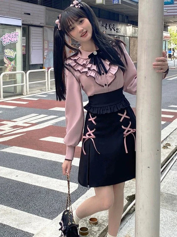 フリルスカートカラーブラウス+レースアップガーリー