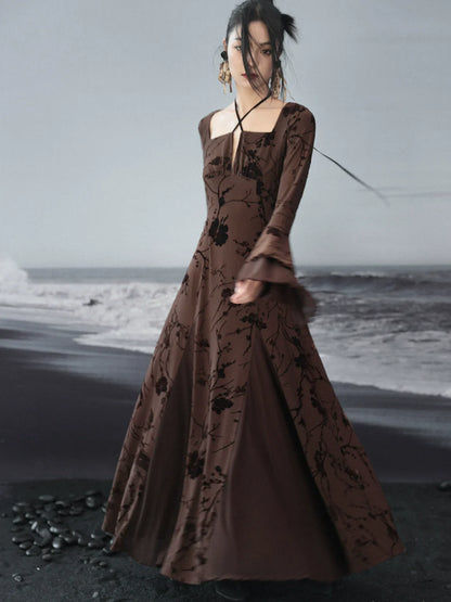 Dress Halter Neck Retro Jacquard Flower