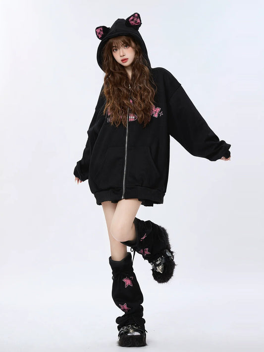 Warmers Ear Velvet Check Sweatjacke Bein Zip Hoodie