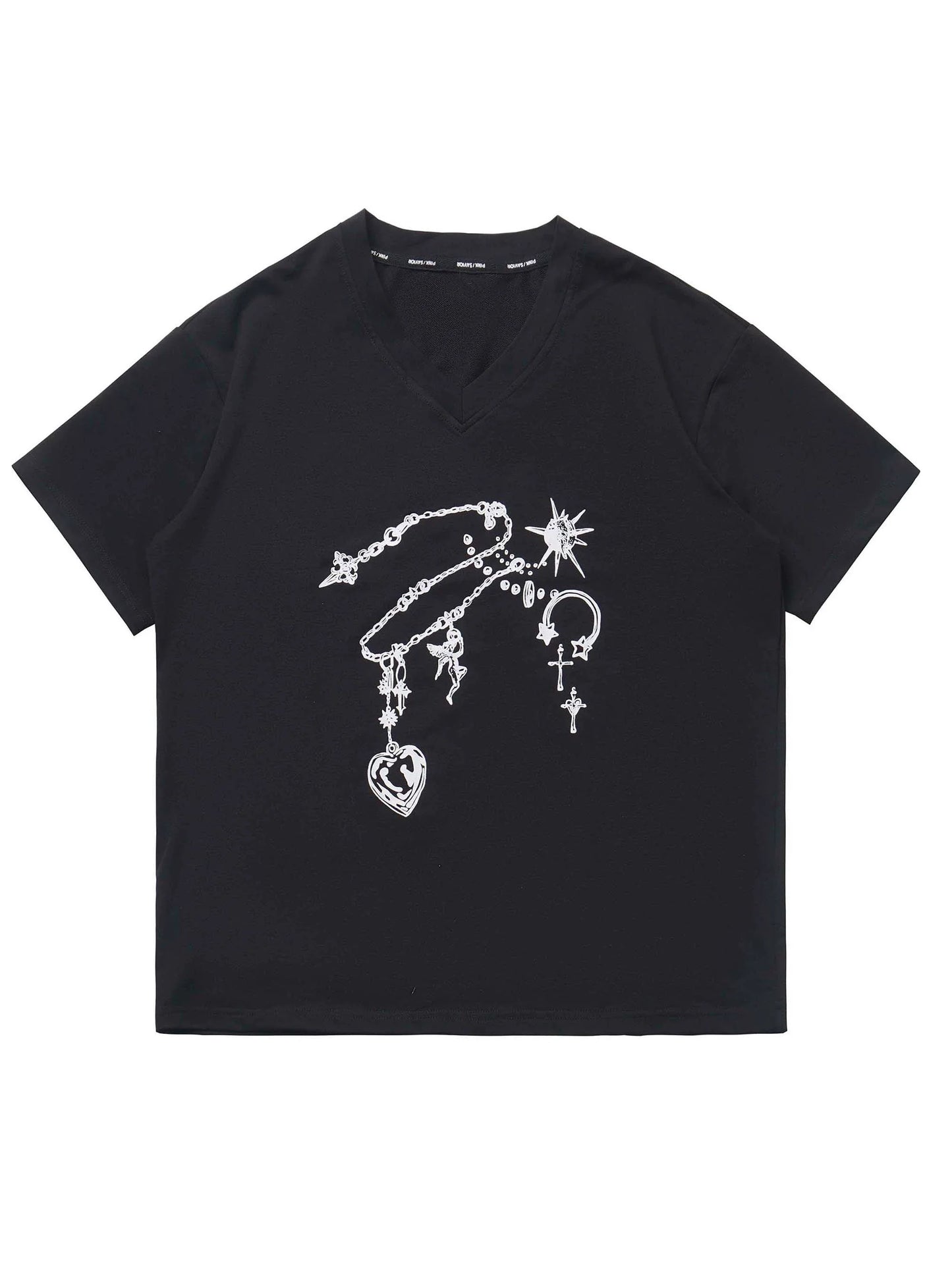 Black T-Shirt V-Neck Print White Gemstone