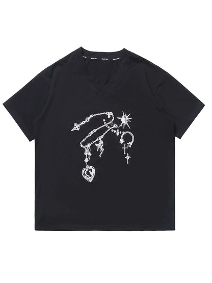 Black T-Shirt V-Neck Print White Gemstone