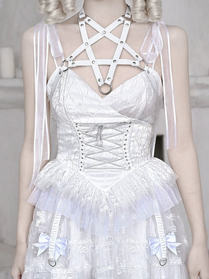 メッシュスリーピングペンタグラムゴシックレースサスペンダーホワイトアリスダークドレス