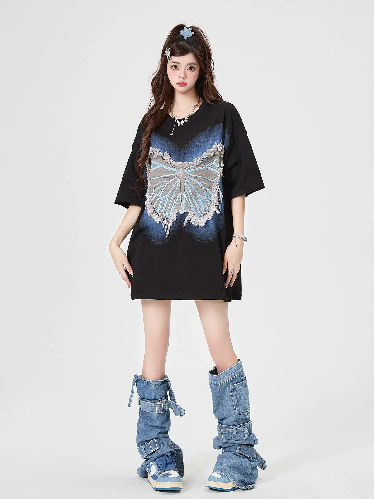 Sheer Loose Blue T-Shirt Butterfly Big