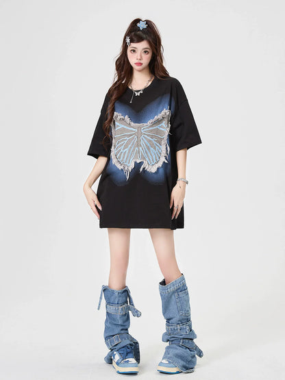 Sheer Loose Blue T-Shirt Butterfly Big