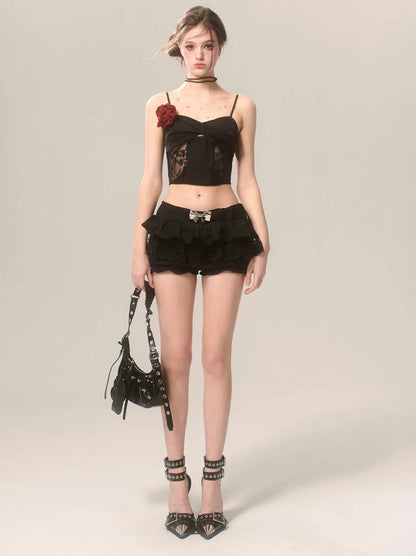 Rose French Short Top Spitze Schwarz Straps