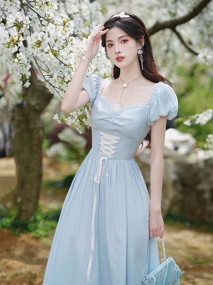 レースアップドレス ウエストネック フランス スクエア T-ブレイク