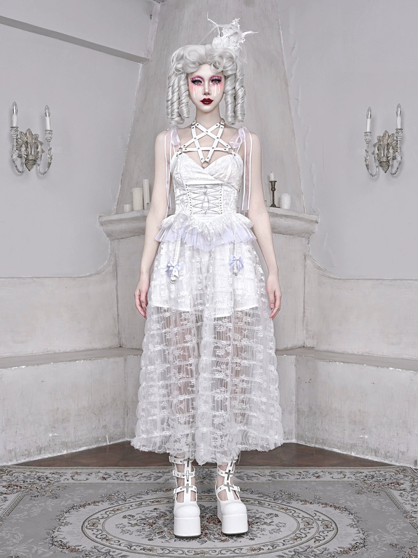 メッシュスリーピングペンタグラムゴシックレースサスペンダーホワイトアリスダークドレス