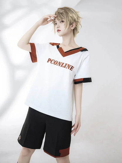 Shorts T-Shirt White Embroidery Summer V-Neck