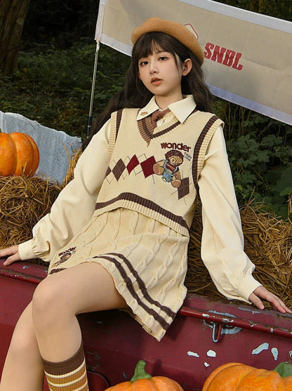 College-Strick-Karo-Zopfmuster-Anzugrock-Weste-Strick-Retro-Stil + Diamant-V-Ausschnitt