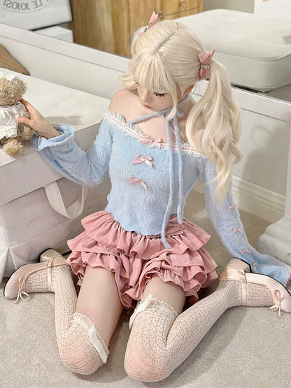 オフショルダーのブルースカートポップ+トップケーキ