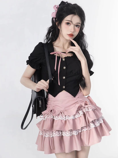 Rock Hals Rüschen Ärmel Kuchen Spitze Top Square Puff