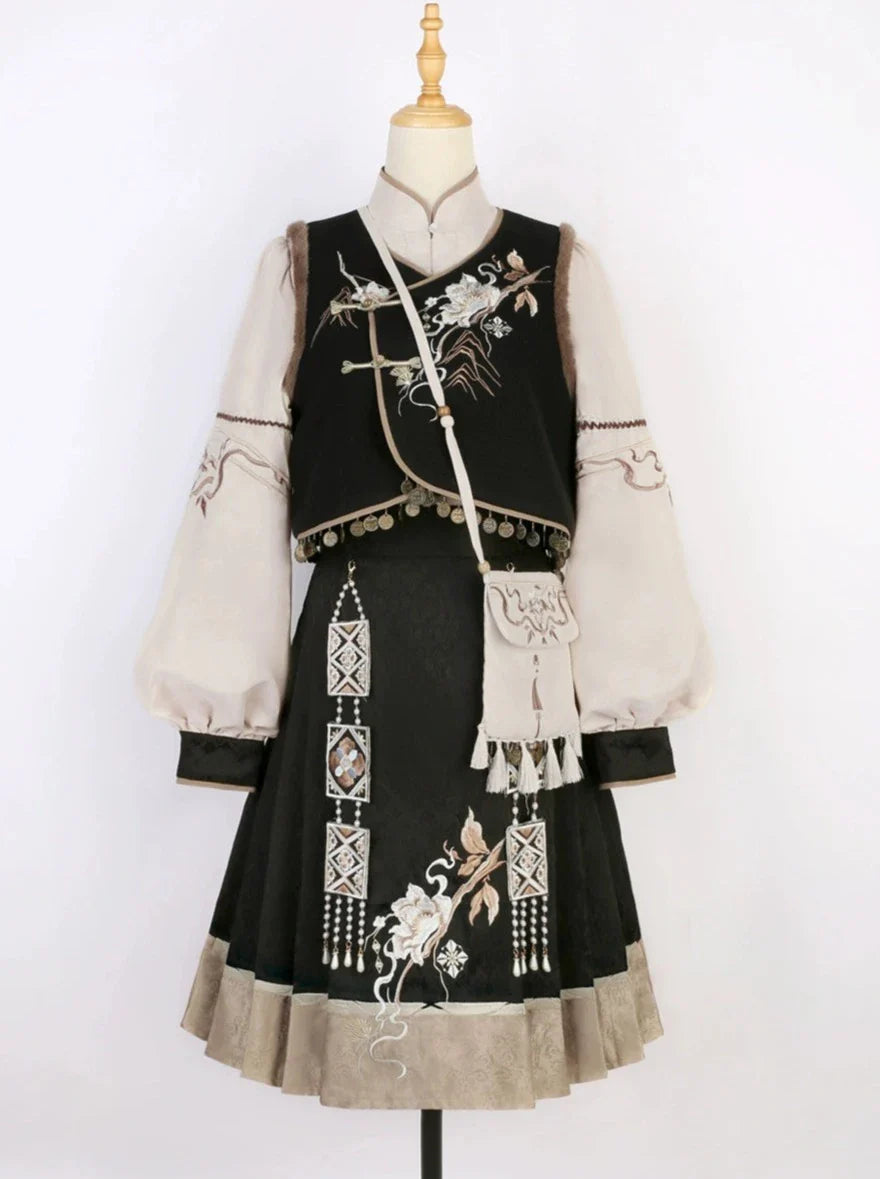 エキゾチックプラスブラウスベストフラワースリーブバッグショルダーバルーンフレアスカート