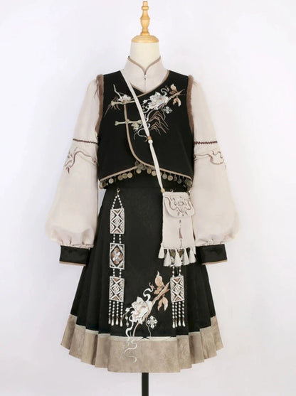 エキゾチックプラスブラウスベストフラワースリーブバッグショルダーバルーンフレアスカート