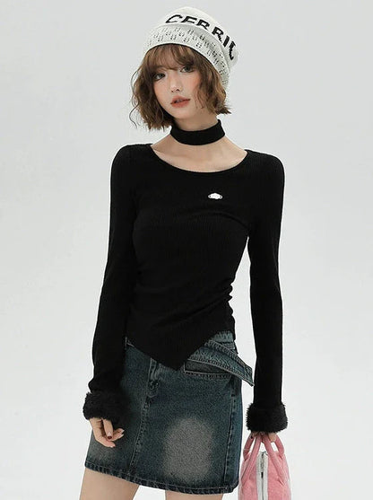 Slim Neck Fur T Collar Mode Long Sleeve