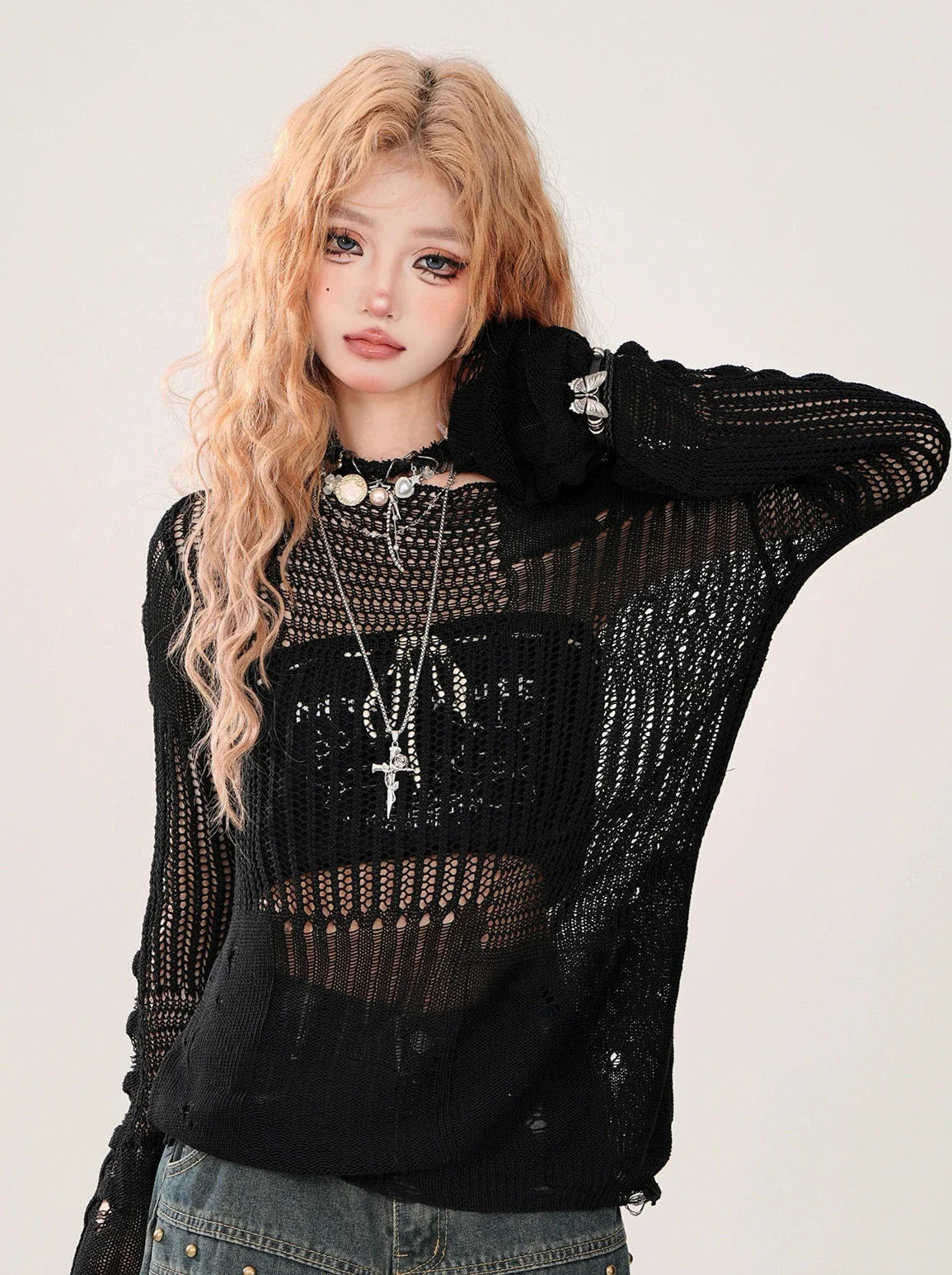 サマーニット + チューブトップ 透かし彫り シアー リップド