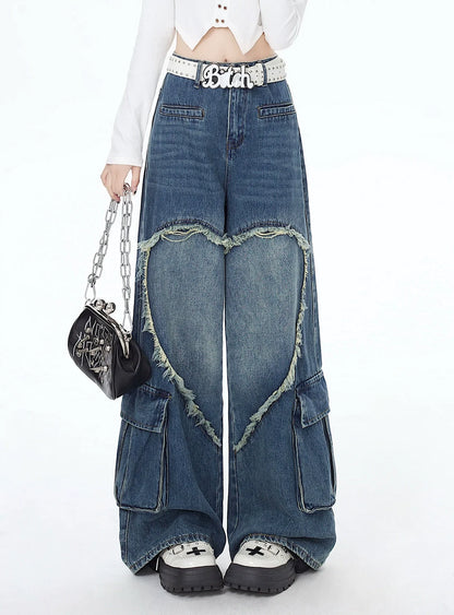 Big Wide Denim Pants Heart Loose
