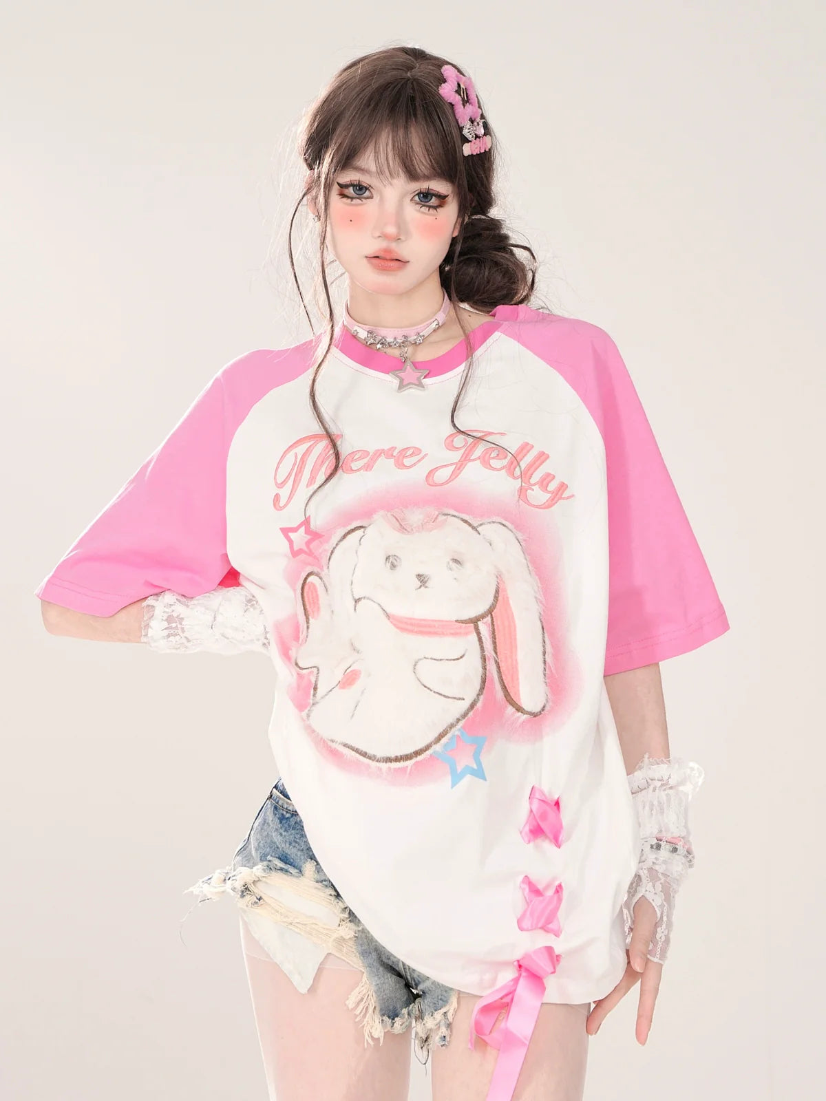 Raglan New T-Shirt Pink Blue Loose Rabbit and Design