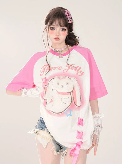 Raglan New T-Shirt Pink Blue Loose Rabbit and Design