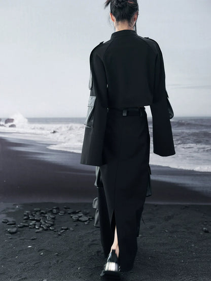 Schlitz Großer Stricktaschen Lederrock Dunkel