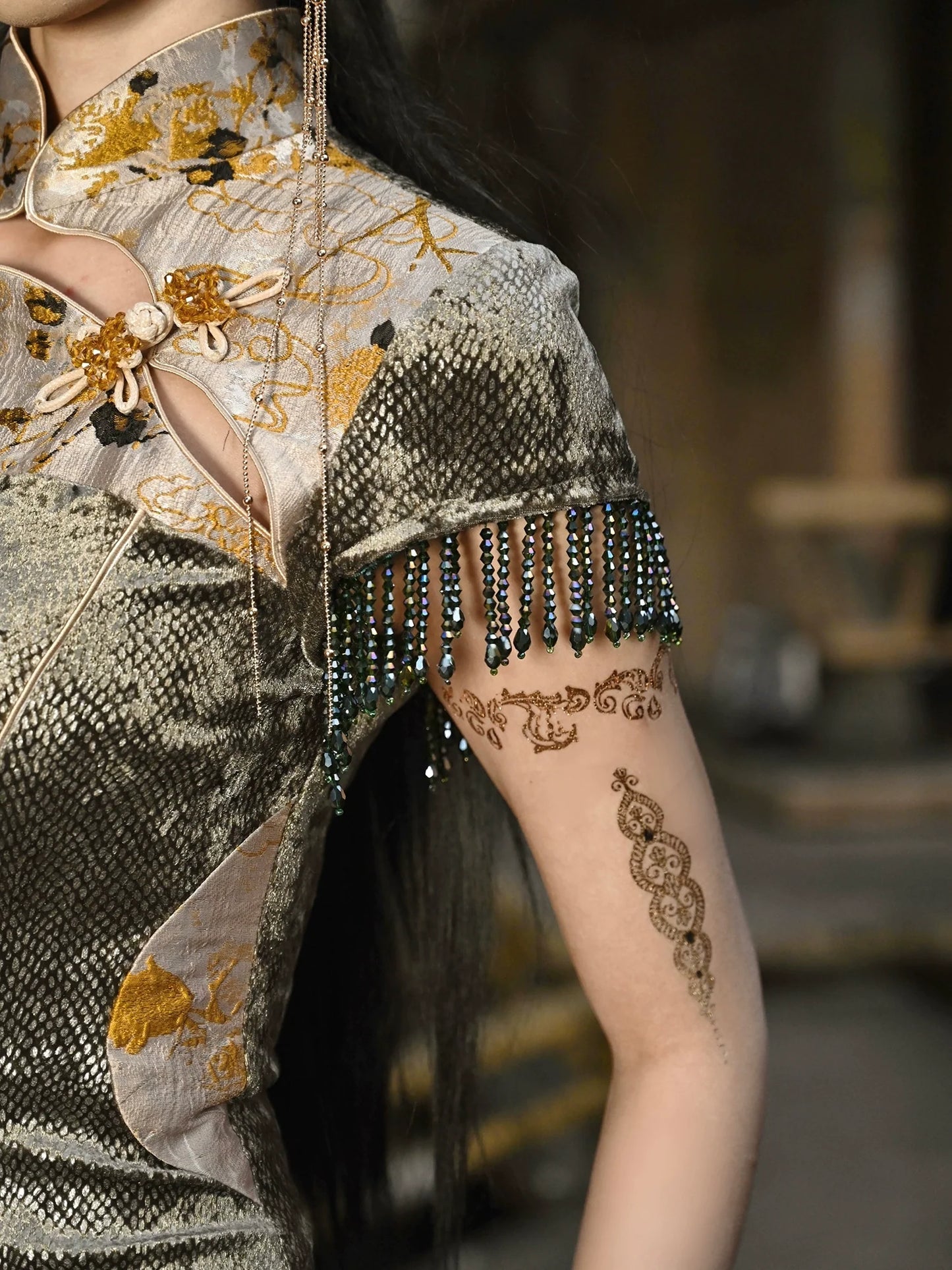 Kleid Meerjungfrau Lang Festival Drachen Chinesisch Schlitz Schnalle Schlank