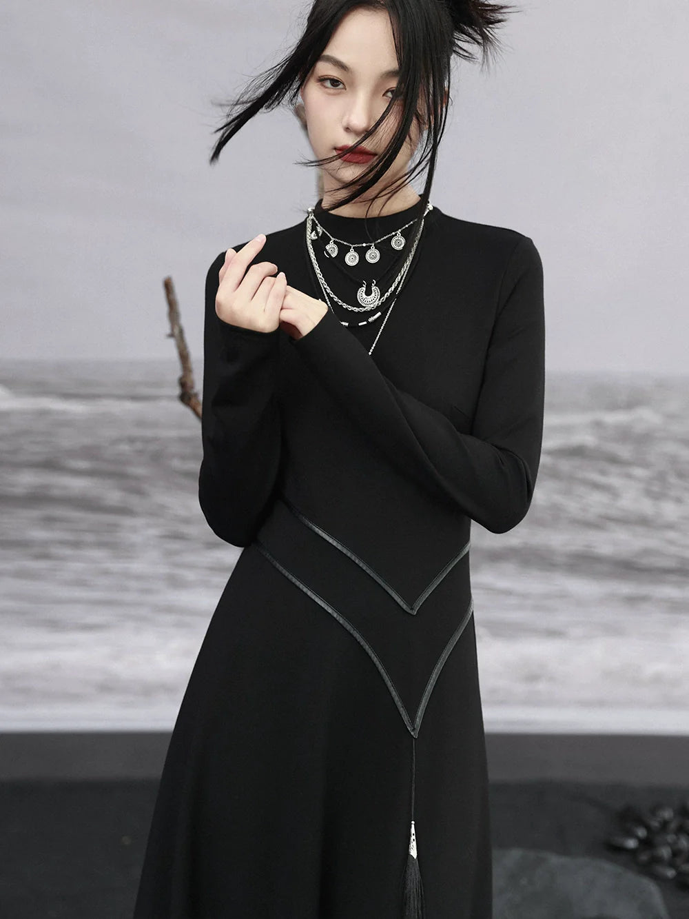 Retro Knit Leather Dress Asymmetrical China Tassel