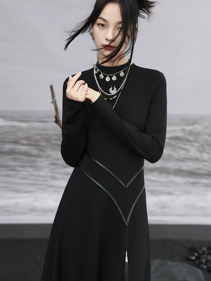 Retro Knit Leather Dress Asymmetrical China Tassel