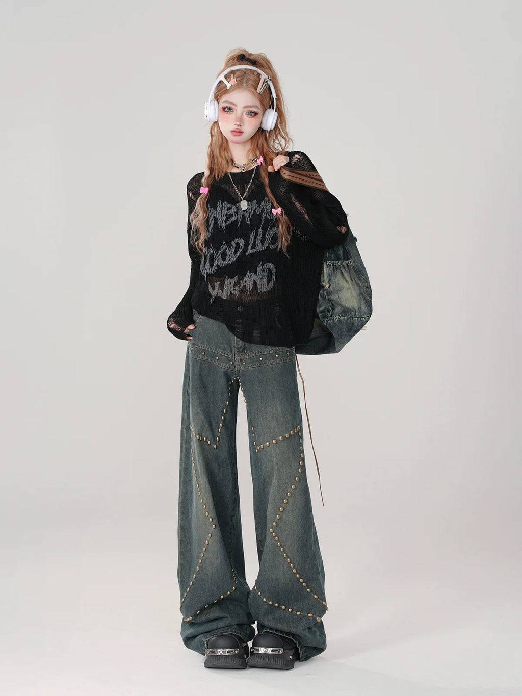 Print Ripped Knit Letter Sheer