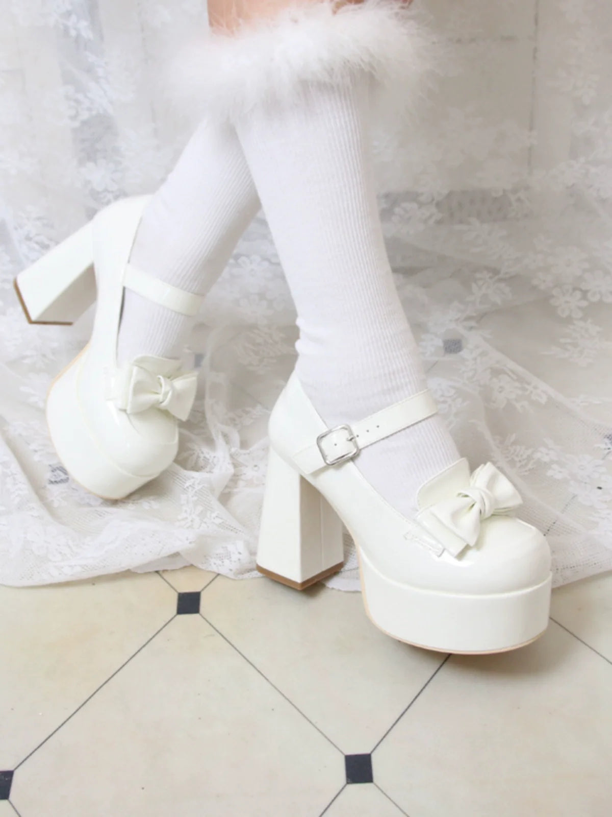 Lolita Single Heel Round High Ribbon Toe