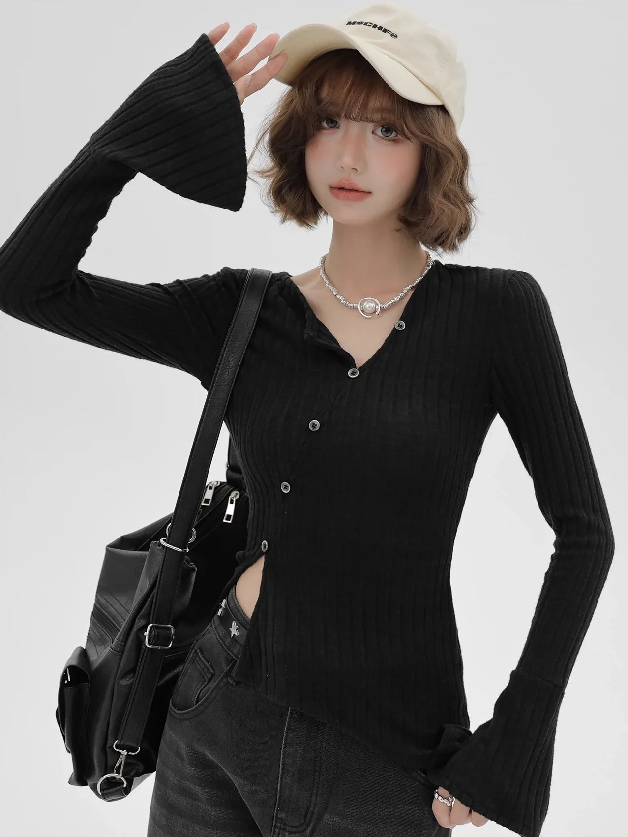 V-Knopf-Taille Slim Shirt Flaschenhals schräg