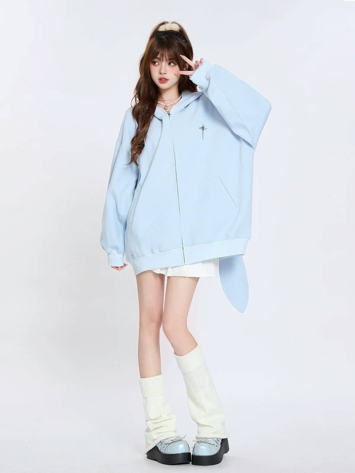Hoodie Milk Blue Loose Bunny Hooded