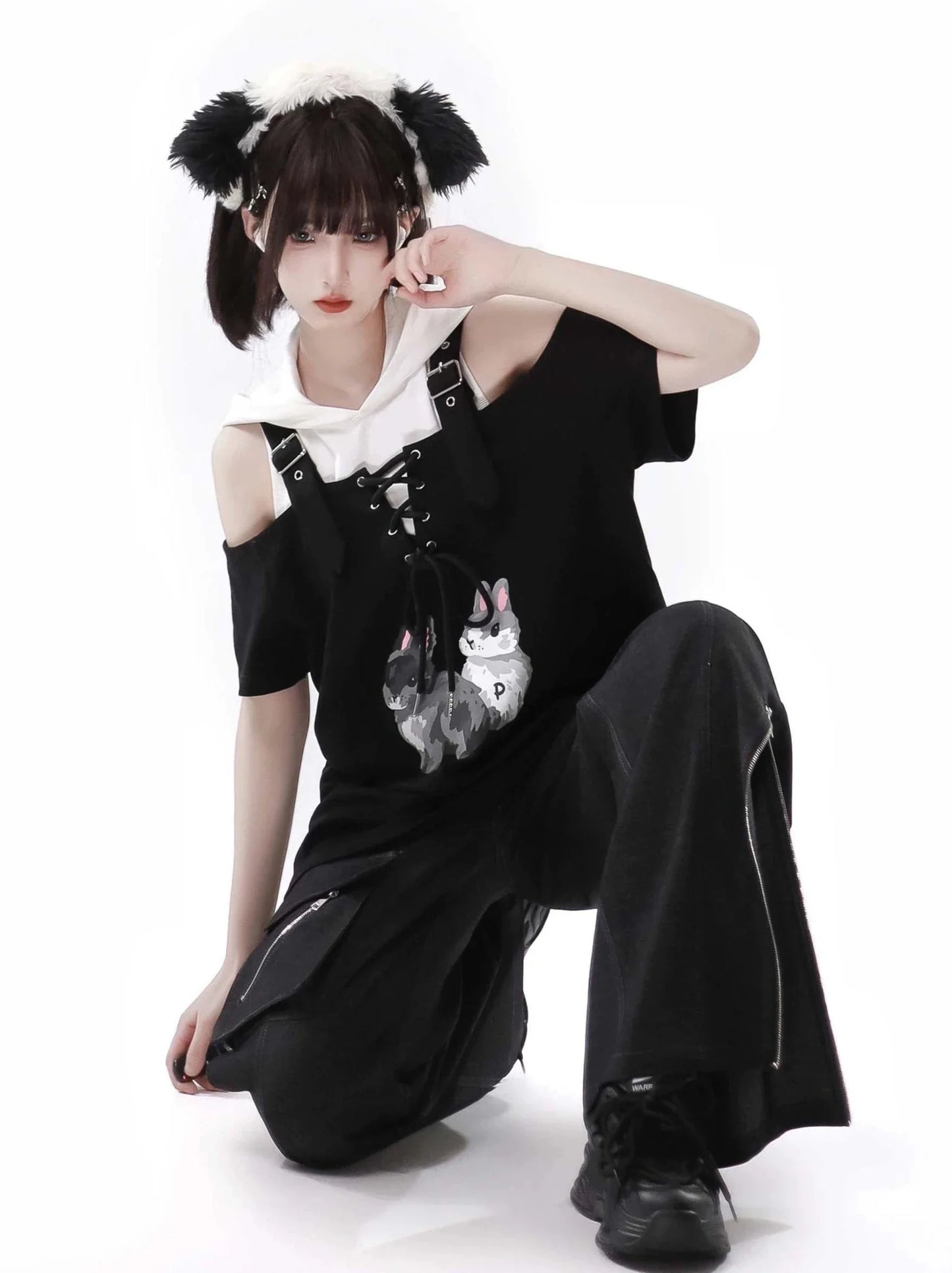 Summer Design Straps Pants Rabbit Off-Shoulder Black White Hoodie Tops Suit