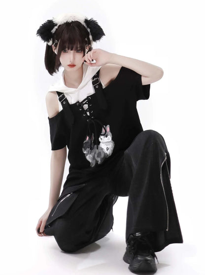 Summer Design Straps Pants Rabbit Off-Shoulder Black White Hoodie Tops Suit