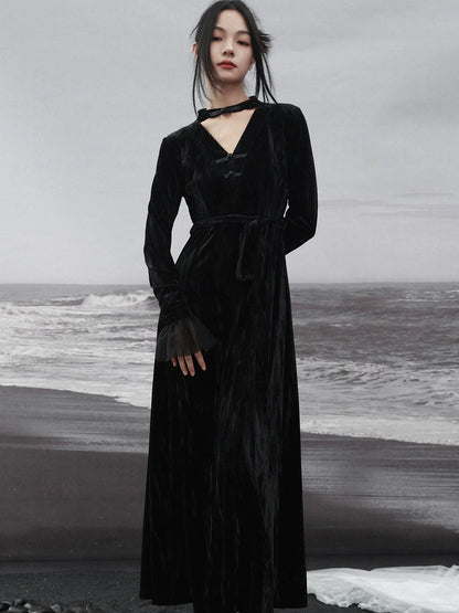 Spleißständer Chinesisches V-Kragen Mesh Romantisches Retro Samt Schwarzes Kleid