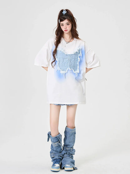 Sheer Loose Blue T-Shirt Butterfly Big