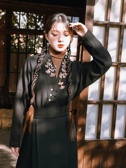 トップVネックチャイナ刺繍ジャケットリーフ