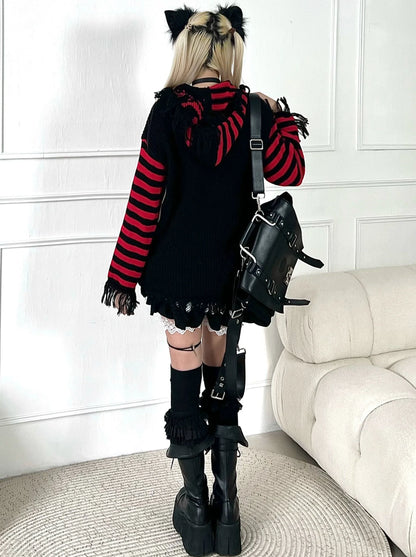 Skull Stripe Hoodie Dark Border Hooded Black Loose