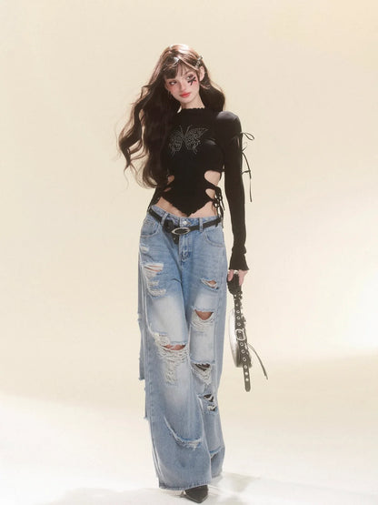 Tops Dunkles Design Schmetterling Schmale Taille